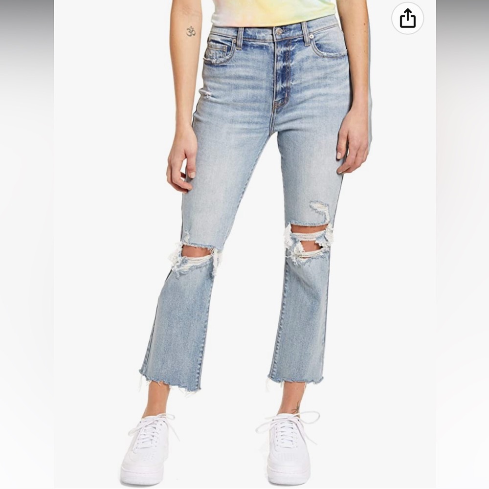 DAZE Women's Shy Girl High Rise Crop Flare Denim Jeans with Frayed Hem Size 29